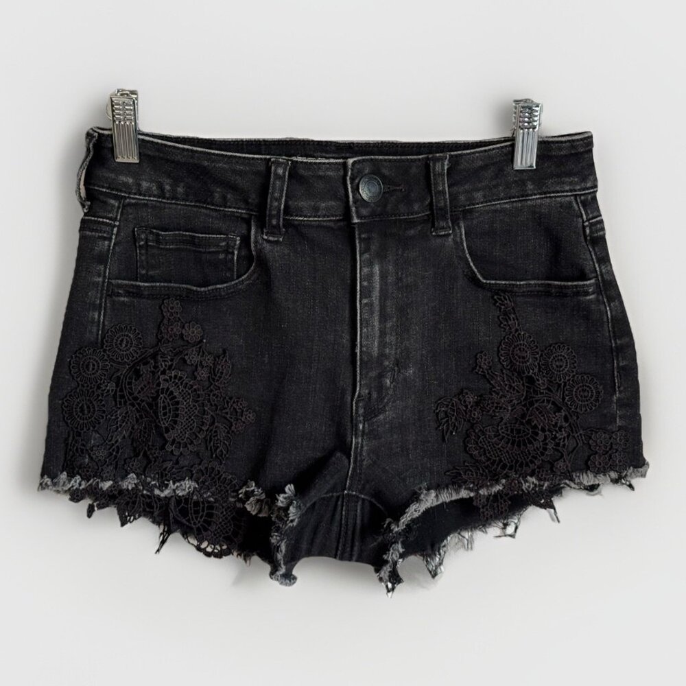 American Eagle Super Super Stretch Black Lace Denim Short Shorts Sz 6 Frayed Hem